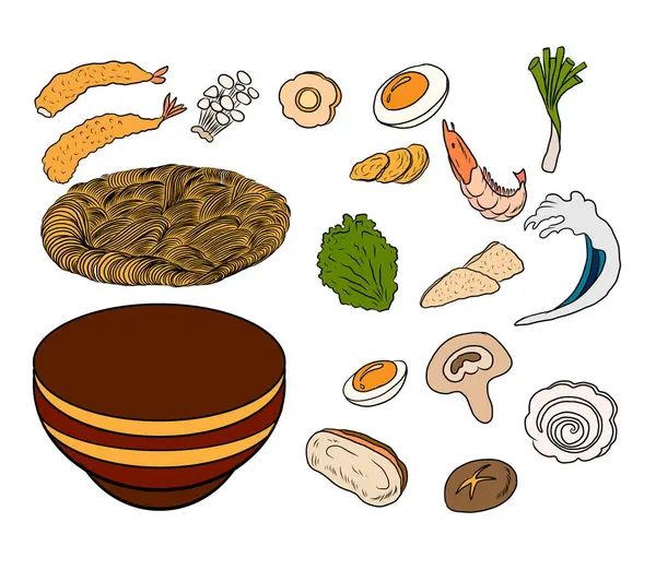 Geleneksel Japon eriştesi ve duvar kağıdı üzerine restoran baskısı için el sallama. Karalama sanatları için Ramen vektör çizimi. Arka planda resim yapmak için çubuk vektörü ile gün doğumu. Asya yemeklerinin elementleri..