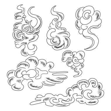 Beyaz arkaplan üzerine resim ve baskı için Çin bulut vektörü. Dövme tasarımı ve fikir için geleneksel Japon kültür unsuru. Bulut ve dalga illüstrasyonu.Ateş vektörü.
