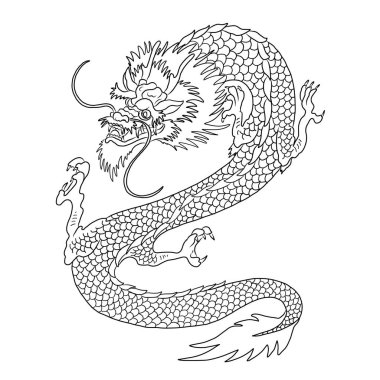 Japon kırmızı ejderha dövmesi. Çin Yeni Yılı için kırmızı zemin üzerinde ejderha. Altın çizgili Çin Ejderhası vektörü. Altın çizgili Kral Ejderha dövmesi. Tişört için çizgi film vektörü..