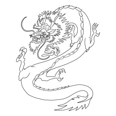 Japon kırmızı ejderha dövmesi. Çin Yeni Yılı için kırmızı zemin üzerinde ejderha. Altın çizgili Çin Ejderhası vektörü. Altın çizgili Kral Ejderha dövmesi. Tişört için çizgi film vektörü..