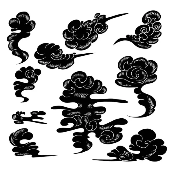 Beyaz arkaplan üzerine resim ve baskı için Çin bulut vektörü. Dövme tasarımı ve fikir için geleneksel Japon kültür unsuru. Bulut ve dalga illüstrasyonu.Ateş vektörü.