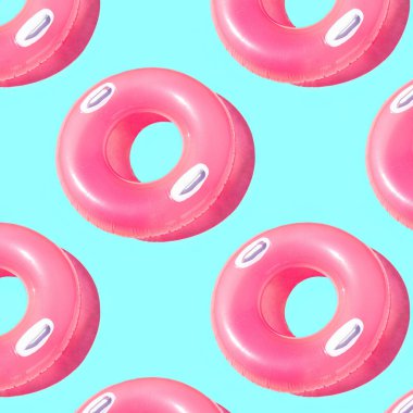 Pattern of small bright pink inflatable rubber circles on a pale blue background