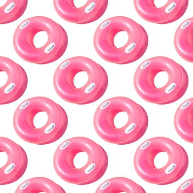 Pattern of small bright pink inflatable rubber circles on a white background