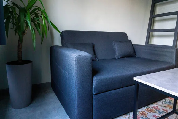 stock image A small modern blue and gray sofa, next to a palm tree in a tub and a small loft-style table with a marble top