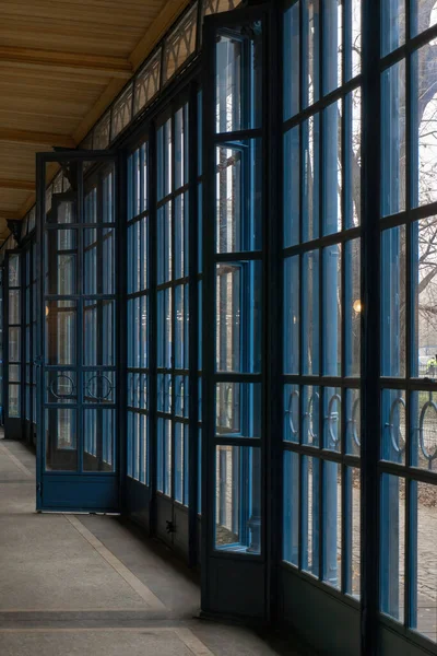Blue windows and doors of the railway station in Budapest, Hungary