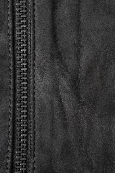 Crumpled Black Suede Textured Vertical Background Black Metal Zip Close — Stock Photo, Image