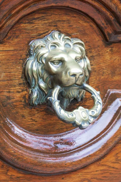 Antique Metal Leão Cabeça Doorknocker Uma Porta Madeira Fechar — Fotografia de Stock
