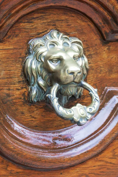Antique Metal Leão Cabeça Doorknocker Uma Porta Madeira Fechar — Fotografia de Stock