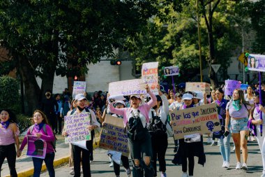 Kadın hakları yürüyüşü sırasında Puebla sokaklarında protestolar, cinsiyet şiddetine karşı feminist yürüyüş, 8 Mart 'ta Puebla şehrinde