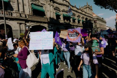 Kadın hakları yürüyüşü sırasında Puebla sokaklarında protestolar, cinsiyet şiddetine karşı feminist yürüyüş, 8 Mart 'ta Puebla şehrinde