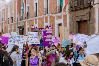 Kadın hakları yürüyüşü sırasında Puebla sokaklarında protestolar, cinsiyet şiddetine karşı feminist yürüyüş, 8 Mart 'ta Puebla şehrinde