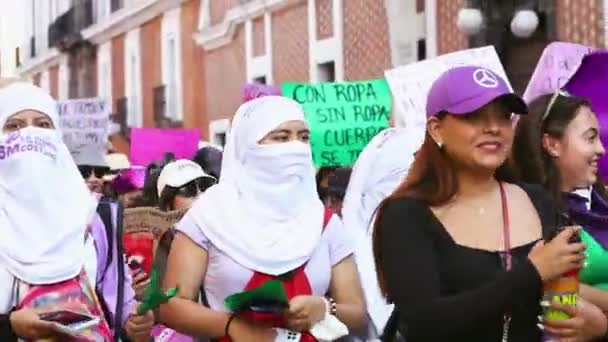 Protests Streets City Puebla March Women Rights Feminist March Gender — Stock Video