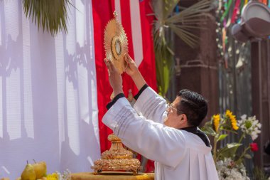 Rahipler ve Katolik Kilisesi üyeleri Puebla Katedrali 'nin önünde bir geçit töreni düzenliyor.
