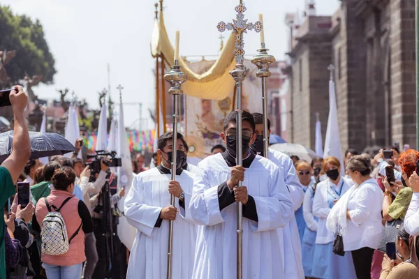 stock image Priests and members of the Catholic church perform a procession in front of the Puebla Cathedral