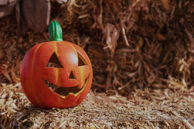 Halloween pumpkin with straw background in natural light clipart