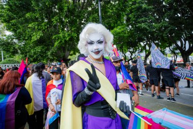 Puebla, Meksika 21 Haziran 2025. Katılımcılar LGBT + Gurur Yürüyüşü için bir araya gelerek, çeşitliliği, görünürlüğü ve kamuoyu ifadesini kutlayan bayrak, tabela ve kostümleri sergilediler.. 