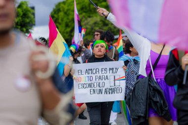 Puebla, Meksika 21 Haziran 2025. Katılımcılar LGBT + Gurur Yürüyüşü için bir araya gelerek, çeşitliliği, görünürlüğü ve kamuoyu ifadesini kutlayan bayrak, tabela ve kostümleri sergilediler.. 