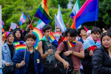 Puebla, Meksika 21 Haziran 2025. Katılımcılar LGBT + Gurur Yürüyüşü için bir araya gelerek, çeşitliliği, görünürlüğü ve kamuoyu ifadesini kutlayan bayrak, tabela ve kostümleri sergilediler.. 