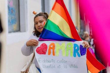 Puebla, Meksika 21 Haziran 2025. Katılımcılar LGBT + Gurur Yürüyüşü için bir araya gelerek, çeşitliliği, görünürlüğü ve kamuoyu ifadesini kutlayan bayrak, tabela ve kostümleri sergilediler.. 