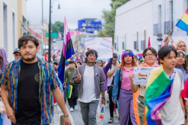 Puebla, Meksika 21 Haziran 2025. Katılımcılar LGBT + Gurur Yürüyüşü için bir araya gelerek, çeşitliliği, görünürlüğü ve kamuoyu ifadesini kutlayan bayrak, tabela ve kostümleri sergilediler.. 