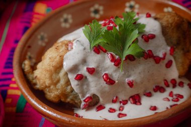 Ceviz sosu, nar tohumu ve taze maydanozla kaplı killi bir tabakta servis edilen geleneksel bir Chile en nogada 'nın yakın çekimi..