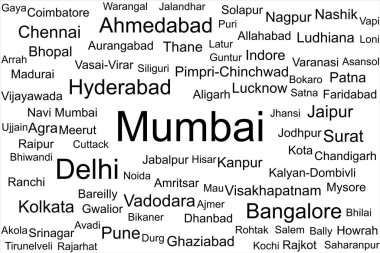 Hindistan 'ın en büyük şehirlerinin tag bulutu ve ortasında Mumbai.