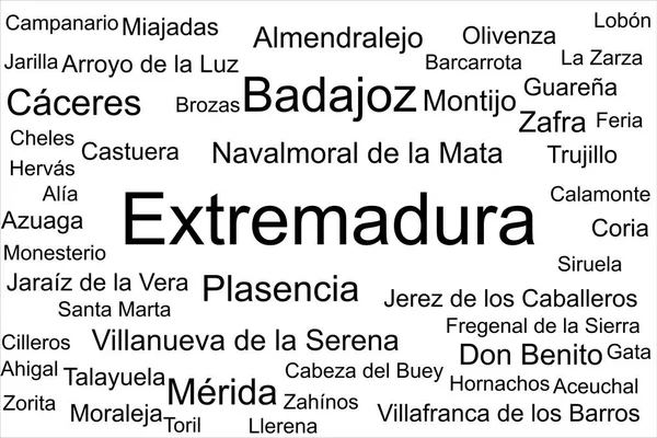 Chmura Tagów Największych Miast Estremadura Hiszpania — Zdjęcie stockowe