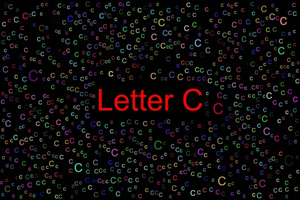 Letter C with tiny colorful letters C all over the place. The title latter C is in red color and the background is black.