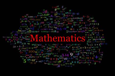 Operatörler, rakamlar ve ifadeler gibi matematiksel semboller büyük kırmızı matematik başlığı etrafında toplandı. Arkaplan beyaz.