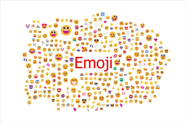 Emoji图标集中在中间的大红色Emoji标题上 背景是白色的 — 图库照片