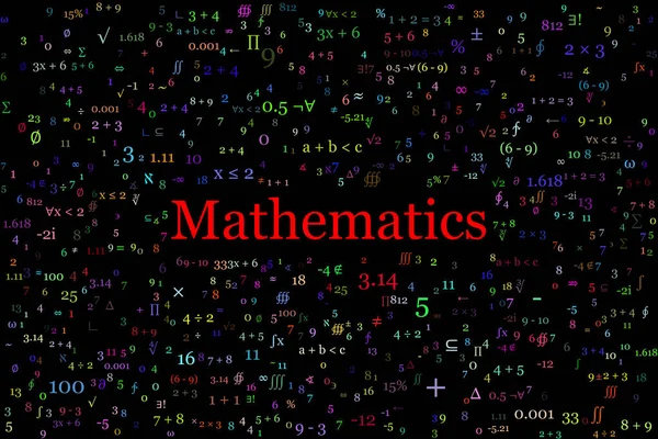 数学符号 如运算符 数字和表达式 在横幅上随意分散 中间有红色标题的数学符号 背景是黑色的 — 图库照片