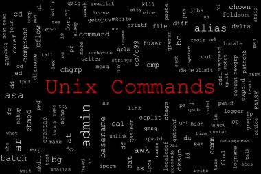 Unix komutlarından oluşan etiket bulutu siyah bir arkaplan üzerine rastgele yerleştirilmiş. Unix Komutları başlığı ortada kırmızı renkte.