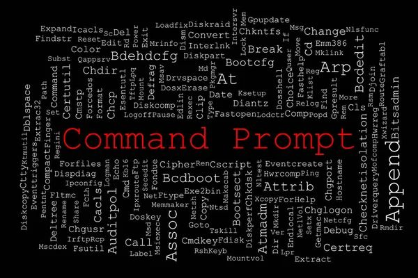 Tagcloud Выполнен Команд Command Prompt Случайно Размещенных Черном Фоне Заголовок — стоковое фото