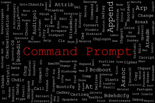 Tagcloud Выполнен Команд Command Prompt Случайно Размещенных Черном Фоне Заголовок — стоковое фото