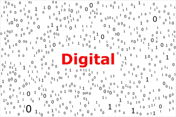 大きな赤い単語デジタルは 多くの0と1つのランダムに白い背景に変位 — ストック写真