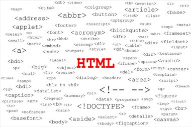Ortasında birçok farklı HTML etiketi bulunan büyük kırmızı başlık HTML brandanın her yerinde rastgele gösteriliyor. Arkaplan beyaz ve metin siyah.