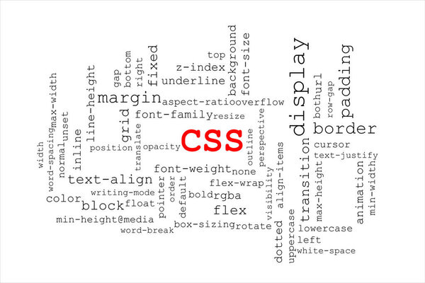 Big red title CSS in the middle with many different CSS properties collapsed around the title. The background is white and the text is black.