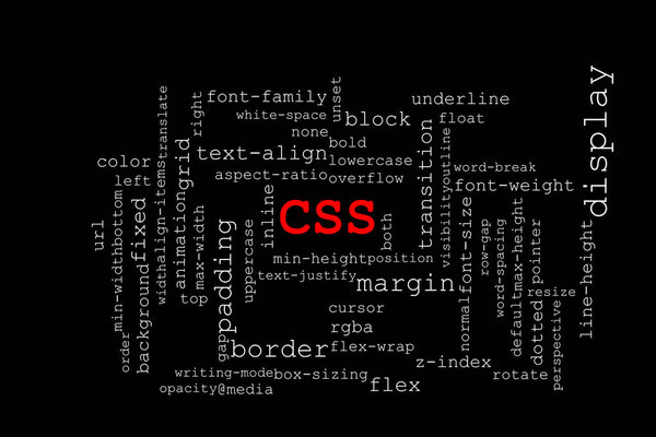 Big red title CSS in the middle with many different CSS properties collapsed around the title. The background is black and the text is white.