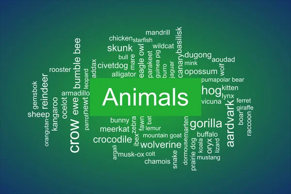 雲のタグ緑の背景と白のテキスト上の動物 2番目の動物は垂直に書かれています カラス ゴリラ オオカミ トナカイ オオカミなどの動物がいます — ストック写真