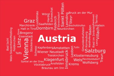 Avusturya 'nın en kalabalık şehirlerinin etiket bulutu. Arkaplan, kırmızı ve beyazı içeren ulusal Avusturya renklerinde yer almaktadır. Viyana, Graz ve Linz gibi şehirler var..