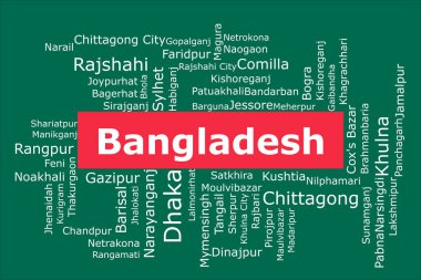Bangladeş 'in en kalabalık şehirlerinin etiketi. Arka planda Bangladeş 'in kırmızı ve yeşil renkleri yer almaktadır. Dhaka, Rajshahi ve Khulna gibi şehirler var..