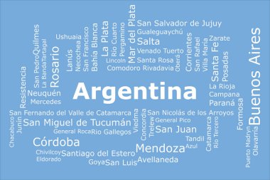 Arjantin 'in en kalabalık şehirlerinin etiketi. Arkaplan, mavi ve beyazı kapsayan ulusal Arjantin renklerindedir. Buenos Aires, Mendoza ve Rosario gibi şehirler var..