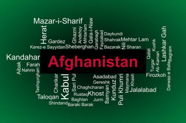Afganistan 'ın en kalabalık şehirlerinin etiket bulutu. Arka planda kırmızı, yeşil ve siyah Afgan renkleri bulunmaktadır. Kabil, Mazar-i-Şerif ve Herat gibi şehirler var..