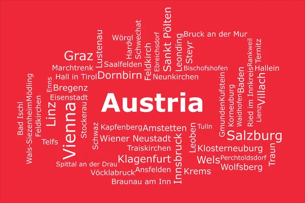 stock image Tagcloud of the most populous cities in Austria. The background is in the national Austrian colors which includes red, and white. There are cities like Vienna, Graz, and Linz.