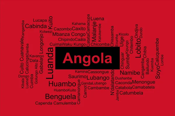 Tagcloud Najbardziej Zaludnionych Miast Angoli Tło Jest Narodowych Kolorach Angolskich — Zdjęcie stockowe