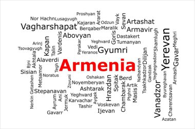 Ermenistan 'ın en kalabalık şehirlerinin etiketi. Başlık kırmızı ve beyaz arka planda tüm şehirler siyah. Erivan ve Vagharshapat gibi şehirler var..