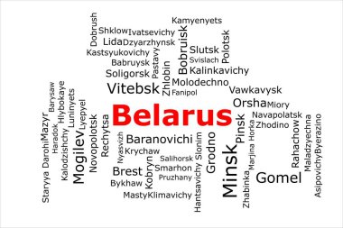 Tagcloud of the most populous cities in Belarus. The title is red and all the cities are black on the white background. There are cities like Minsk and Gomel. clipart