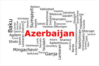Azerbaycan 'ın en kalabalık şehirlerinin etiketi. Başlık kırmızı ve beyaz arka planda tüm şehirler siyah. Bakü ve Ganja gibi şehirler var..