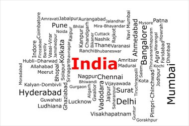 Hindistan 'ın en kalabalık şehirlerinin etiket bulutu. Başlık kırmızı ve beyaz arka planda tüm şehirler siyah. Mumbai ve Delhi gibi şehirler var..