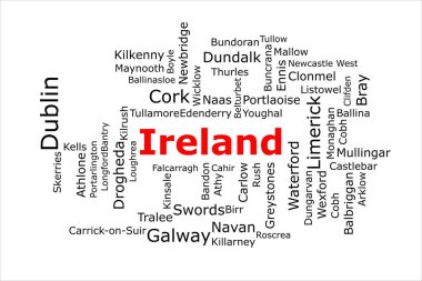 İrlanda 'nın en kalabalık şehirlerinin etiket bulutu. Başlık kırmızı ve beyaz arka planda tüm şehirler siyah. Dublin ve Galway gibi şehirler var..